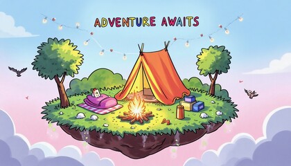 A cozy camping setup on a floating island in the sky, with clouds and birds surrounding it