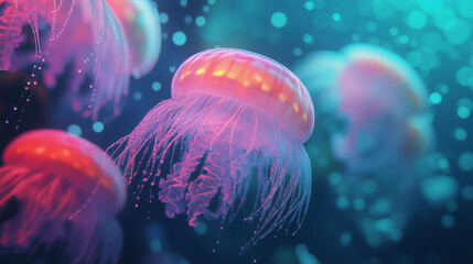 Naklejka premium a mesmerizing underwater scene featuring glowing jellyfish, illuminated by bioluminescent pink and purple hues, floating gracefully in deep blue water 