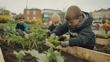 Children planting vegetables in raised beds at a school garden, a group of kids working together on a vegetable patch and growing plants for a healthy food concept. Ai generated