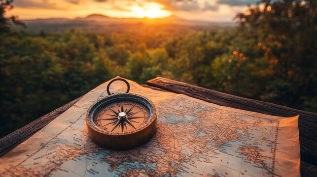 A compass spinning on a map spread out on a picnic table under soft evening light
