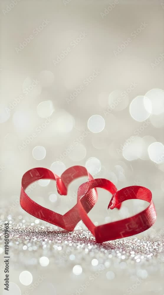 Poster Two intertwined red ribbons forming heart shapes rest on a sparkling glitter background with soft, romantic lighting, creating a perfect image for valentine's day or other romantic occasions
