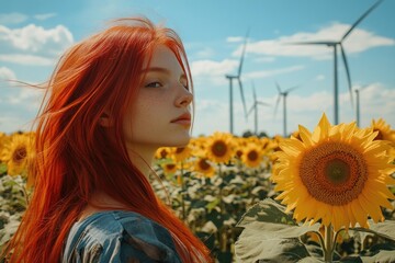 Naklejka premium Woman with Red Hair among Sunflowers