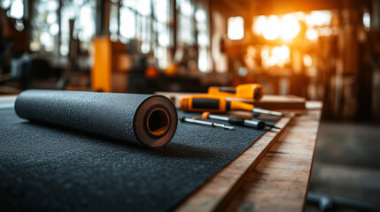 A dynamic workshop environment with roofing felt unrolled on a bench, next to chalk-marked blueprints, a set of screwdrivers, and a neatly aligned stack of roofing materials.