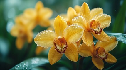Fototapeta premium Close-up shot of several vibrant yellow orchids with water droplets on their petals with a soft focus green background
