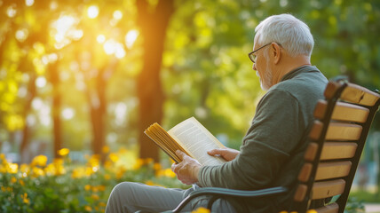 Elderly man reading a book on a park bench with a background of green trees and flowers, soft sunlight streaming through. Ai generated