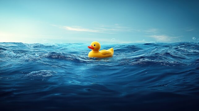 Lonely yellow rubber ducky floats on a vast ocean.