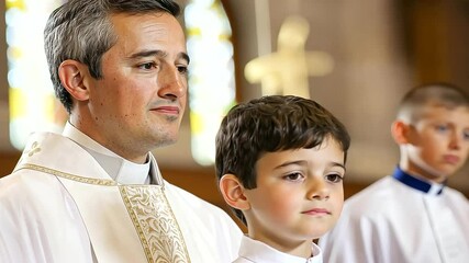 Child Receiving Blessing from Priest at First Communion Ceremony