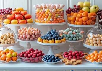 Colorful Display of Assorted Candies and Fruits in a Vintage Style Arrangement Perfect for Celebrations, Parties, and Sweet Treats in a Bright Environment