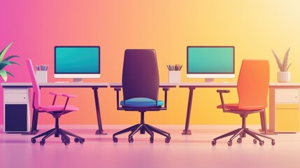 Ergonomic workspace tools like chairs, desks, and monitors displayed together.