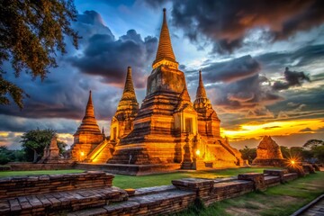 Fototapeta premium Ancient Ayutthaya Pagoda at Night: 300+ Year Old Temple in Low Light