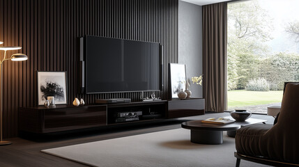 A contemporary living room emphasizes vertical striped 3D wall panels, their clean lines complemented by a sleek entertainment unit, modern art pieces, and large windows.