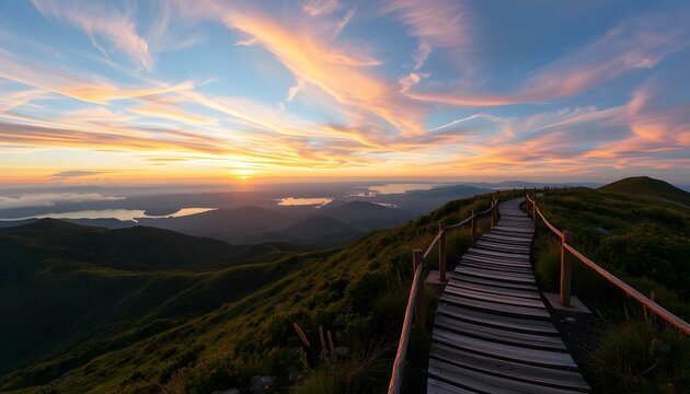 Breathtaking mountain sunrise, winding wooden pathway, misty valleys, lush green hilltop, dramatic sky, vibrant orange sunburst, panoramic landscape, ethereal atmosphere