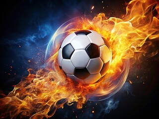 Fototapeta premium Blazing Soccer Ball: Macro Shot of High-Velocity Impact with Fire Burst