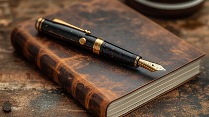 A luxury fountain pen with gold accents placed diagonally on a leather-bound journal