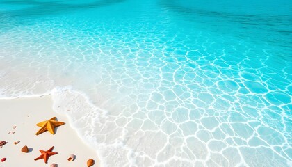 Obraz premium Tropical paradise, pristine white sand beach, crystal clear turquoise water, starfish on shore, calm ocean waves, fluffy white clouds, bright blue sky, serene seascape