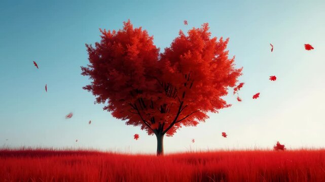 A red tree with a heart shape in the middle of a field of red grass. The tree is surrounded by red leaves and red flowers, and there are red leaves scattered around the tree