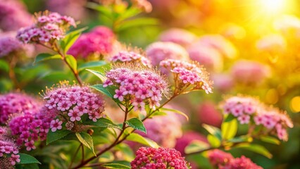 Blooming Spirea Bush in Garden, Vibrant Pink Flowers, Floral Background Stock Photo