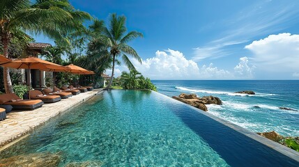 Fototapeta premium An island resort offers a stunning view of the pool and beach, with palm trees swaying under blue skies