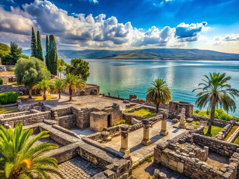 Ancient Galilee Cityscape:  Ruins and Seascape of Capernaum, Israel