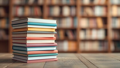 books stacked, colorful book spines, wooden table, blurred library background, soft focus, pastel colors, natural lighting, depth of field, close-up photography