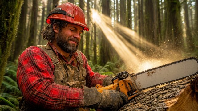 Lumberjack cutting a log in a forest with sunlight rays.