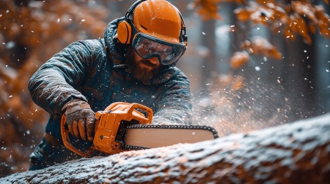 Lumberjack cutting a tree trunk with a chainsaw in the forest. - Powered by Adobe