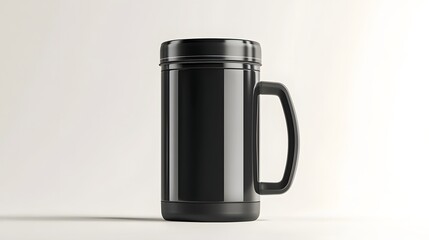 A sleek black insulated travel mug with a handle