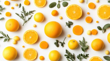 Bright and Vibrant Yellow Citrus Fruits and Green Herbs Arranged Artistically on a White Background for Freshness and Natural Ingredients Appeal