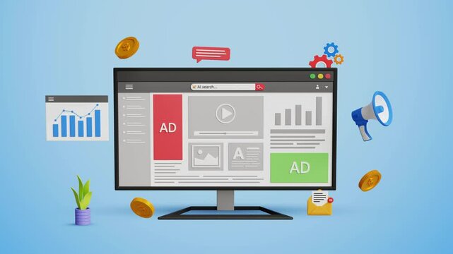 Digital marketing, web traffic research and performance, PPC concept. Online promotion, paid campaign, customer retention. Ads marketing on a web page. 4K 3D animation
