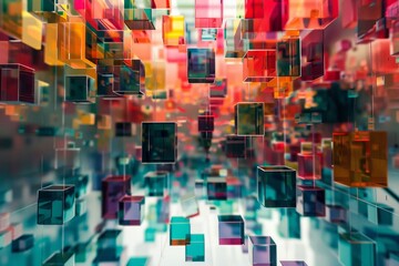 A sea of vibrant topaz color surrounds a multitude of colorful cubes, seemingly suspended in...