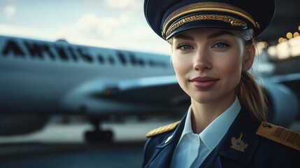 A professional and confident portrait of a female pilot dressed in a crisp airline uniform, airplane in the background.