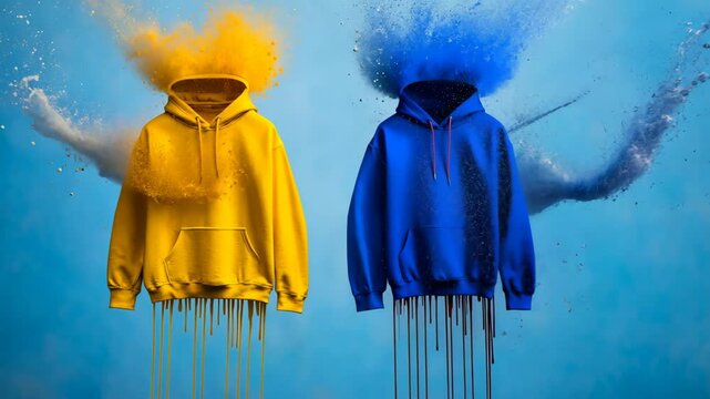 Two hoodies are hanging on a wall with paint dripping from them. The hoodies are yellow and red