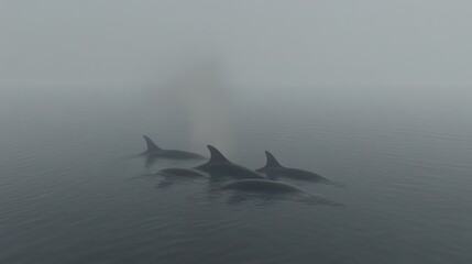 Fototapeta premium A Serene Pod of Whales Swimming Gracefully in Misty Ocean Waters at Dawn