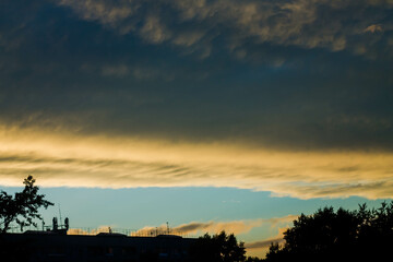 Sunset sky with clouds and silhouettes of trees on a background