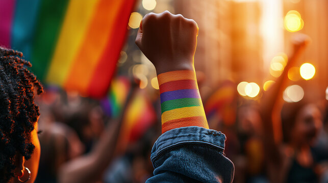 Pride Month Celebration with Rainbow Fist in Cheering Crowd