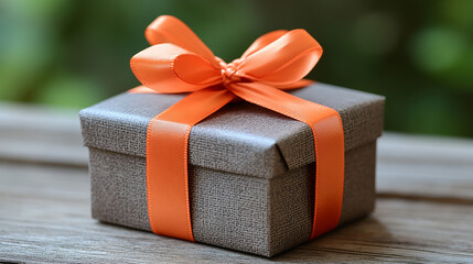 A small giftbox wrapped in an orange ribbon sits on a weathered surface