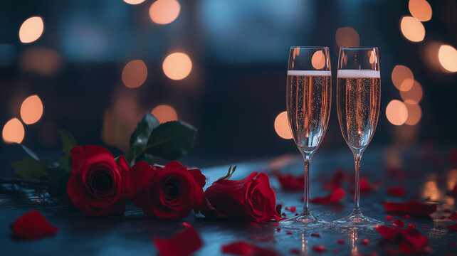 Two glasses of champagne on the table, with red roses and rose petals. A romantic dinner for two, in a Valentine's Day celebration. Bokeh lights. Ai generated