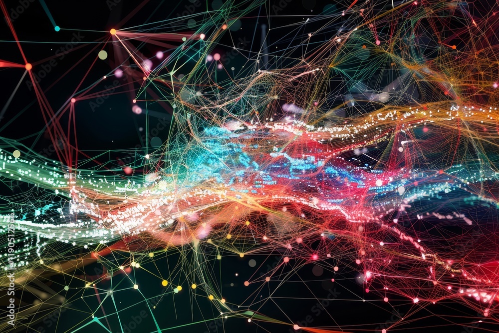 Poster Abstract Multilayered Image Depicting a Complex Network of Interconnected Lines and Dots in Vibrant Colors, A transparent, multi-layered image showing the complexity