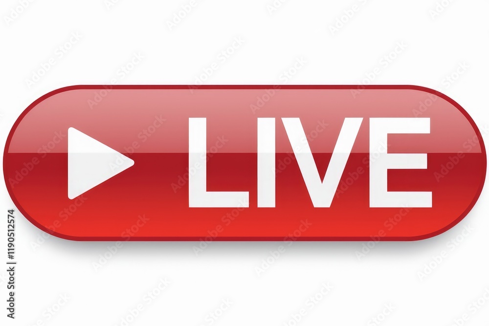 Poster Red button with play icon and 'LIVE' text indicating live streaming or broadcast.