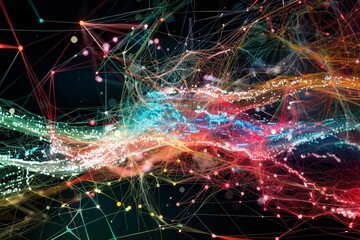 Abstract Multilayered Image Depicting a Complex Network of Interconnected Lines and Dots in Vibrant...