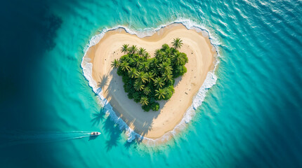 tropical heart shaped island in the ocean, aerial view