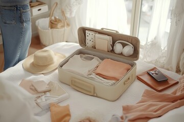 Cozy travel preparation scene  organizing a beige suitcase on a neatly made bed with essentials
