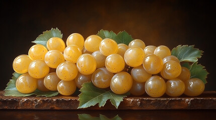 A still life image of a bunch of golden grapes with green leaves