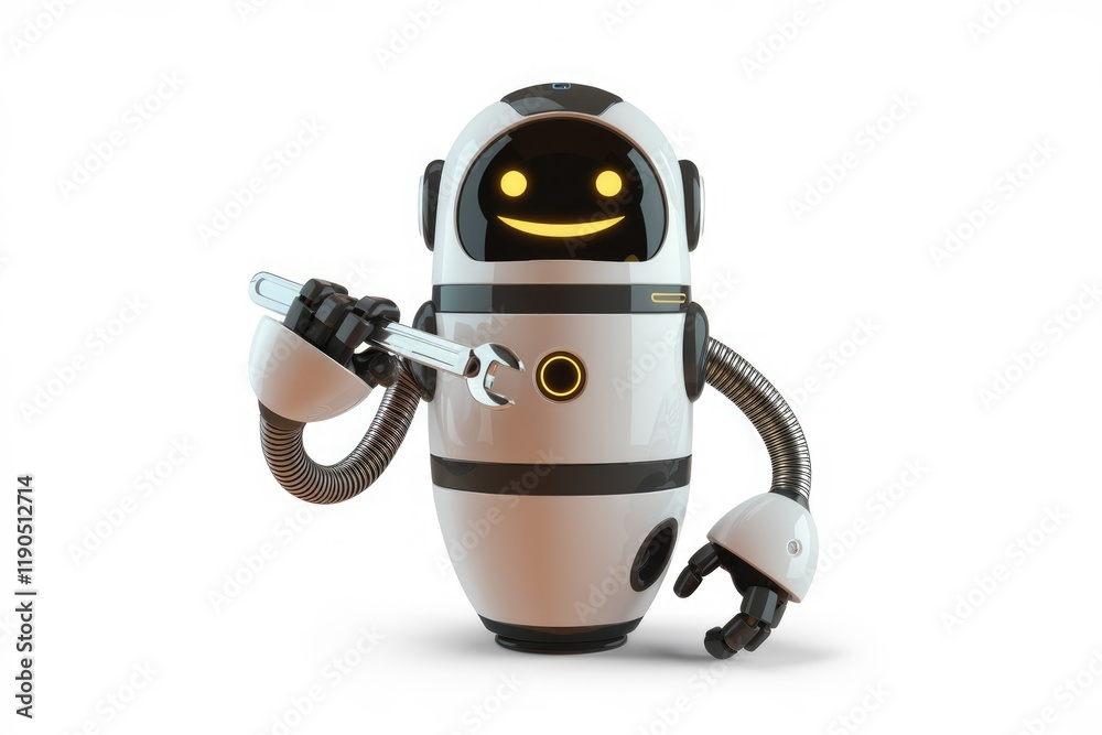 Poster a friendly robot holding a wrench, ready to help with repairs and maintenance.