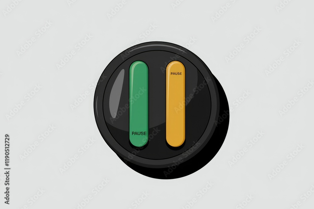 Poster A circular button with two parallel rectangular sections, one green and one yellow, labeled 'PAUSE'.