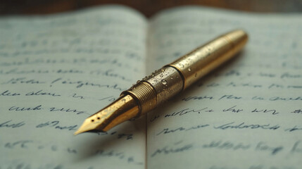 Fototapeta premium A sleek pen with a metallic finish placed on an open notebook with handwritten notes