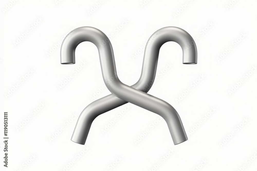Poster two metallic pipes are intertwined, forming an abstract 'x' shape against a white background.