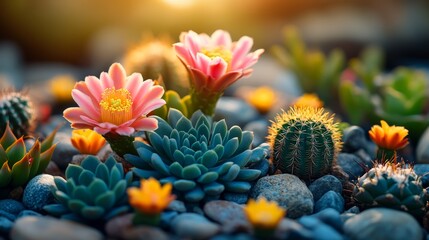 Vibrant blooming cactus and succulents amidst smooth stones at sunset casting golden glow
