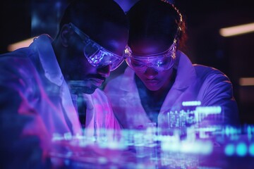 Scientists collaborating on innovative research in a high-tech laboratory at night