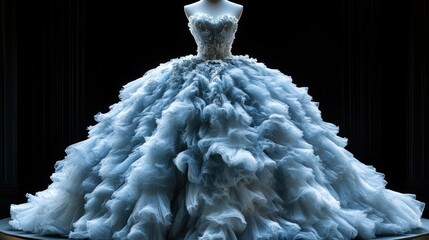 Luxurious light blue ball gown on a mannequin.
